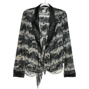 Alberto Makali Gray Cardigan Sweater Women Large Shiny Collar Sheer Knit Chic